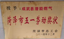成武县888集团官网登录燃气有限公司获得2014年度“菏泽市五一劳动奖状”及“菏泽市学习型组织标兵单位”称号
